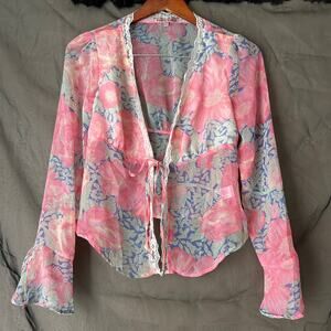 Bailey Rose Semi Sheer Pink Floral Front Tie Top Size Small